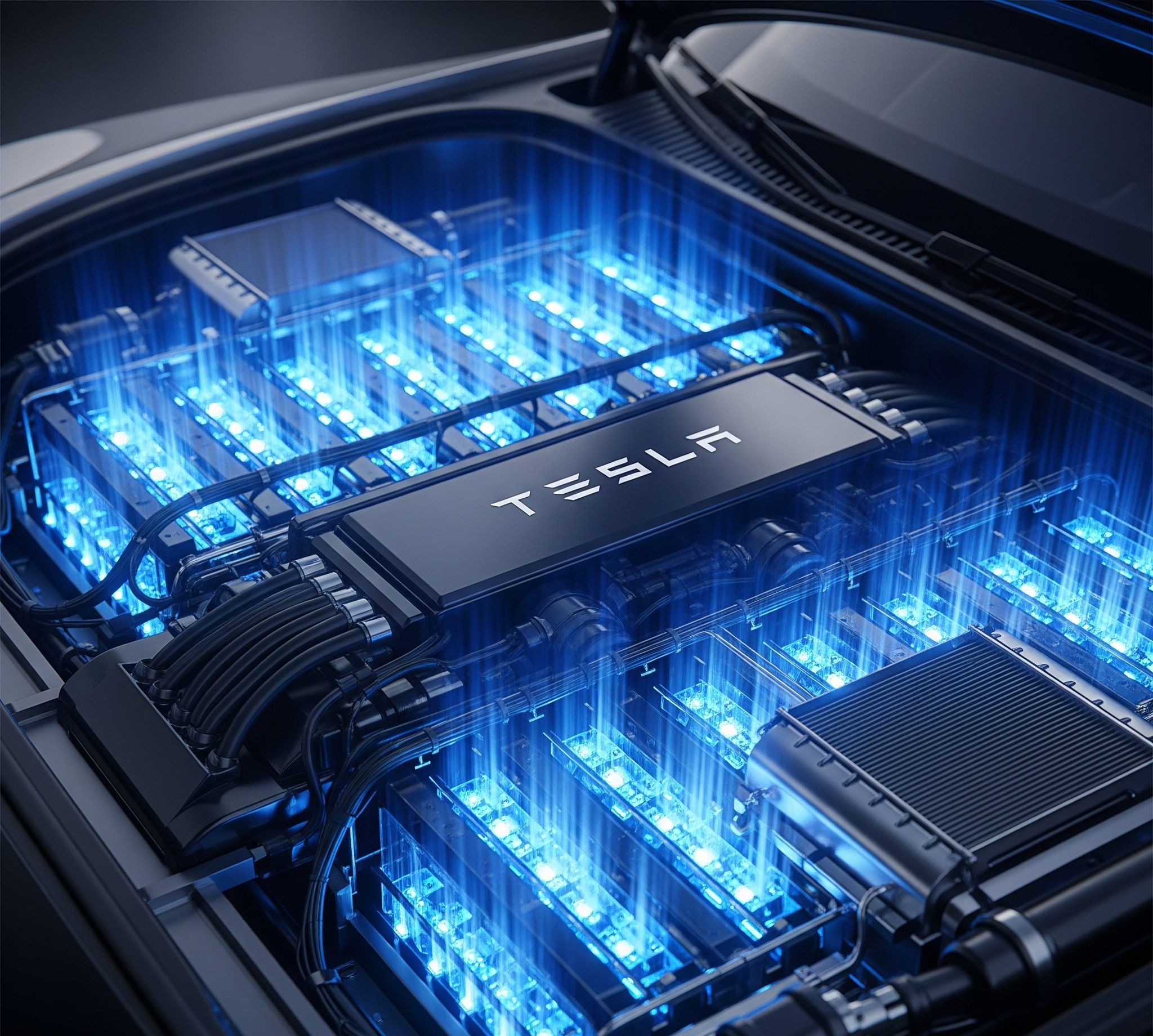Close-up of a Tesla Model 3 battery pack showing 2170 lithium-ion cells glowing with blue energy, illustrating high-voltage efficiency and 500,000-mile battery longevity.