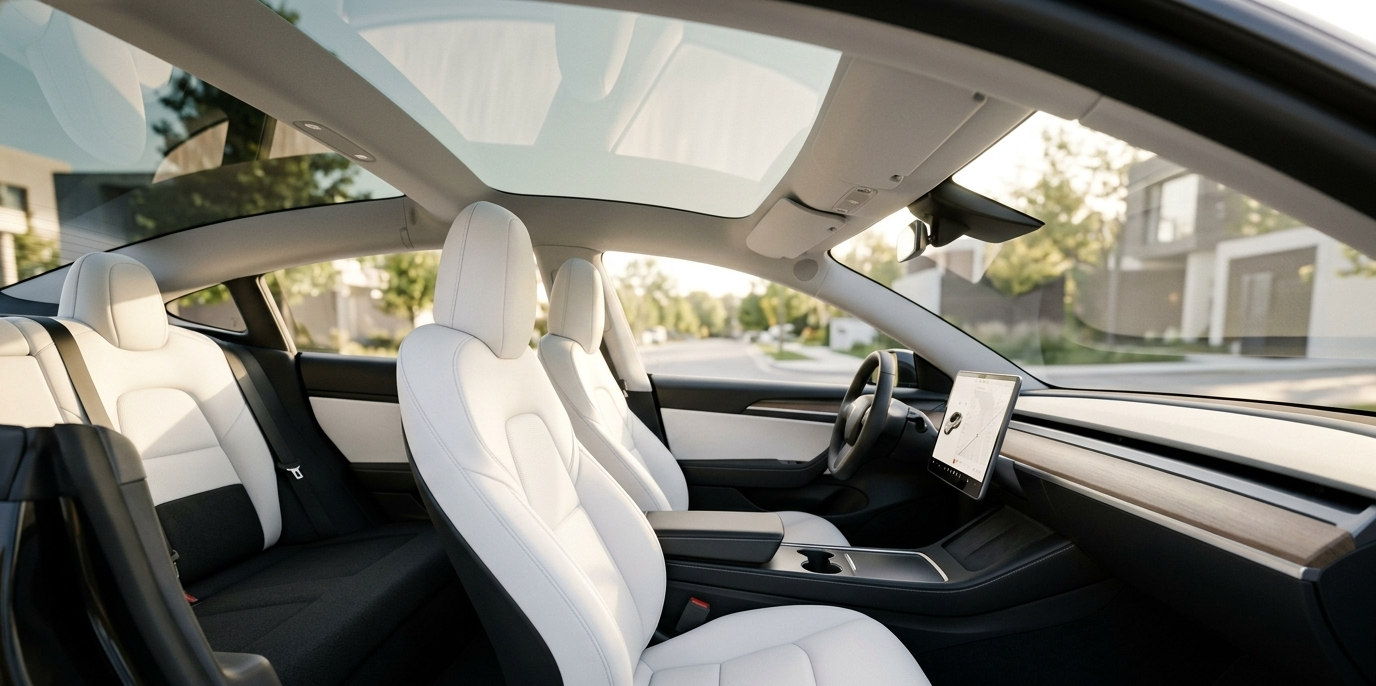 Detailed interior view of the 2026 Tesla Model 3 highlighting the spacious front and rear seating with a minimalist white interior.