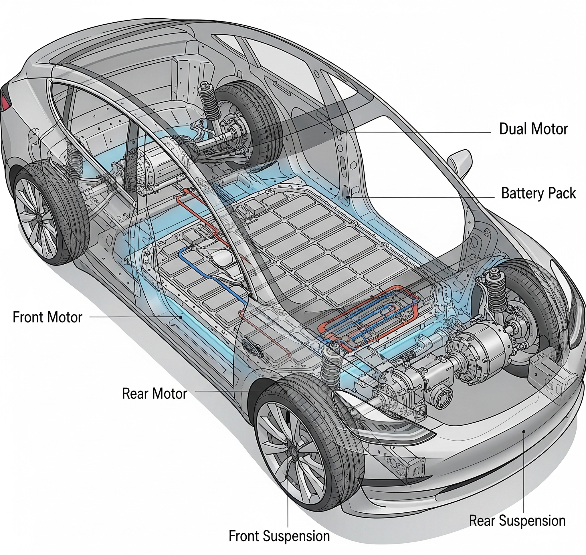 Technical diagram of Tesla Model 3 Dual Motor All-Wheel Drive chassis showing front and rear motors and battery modules.