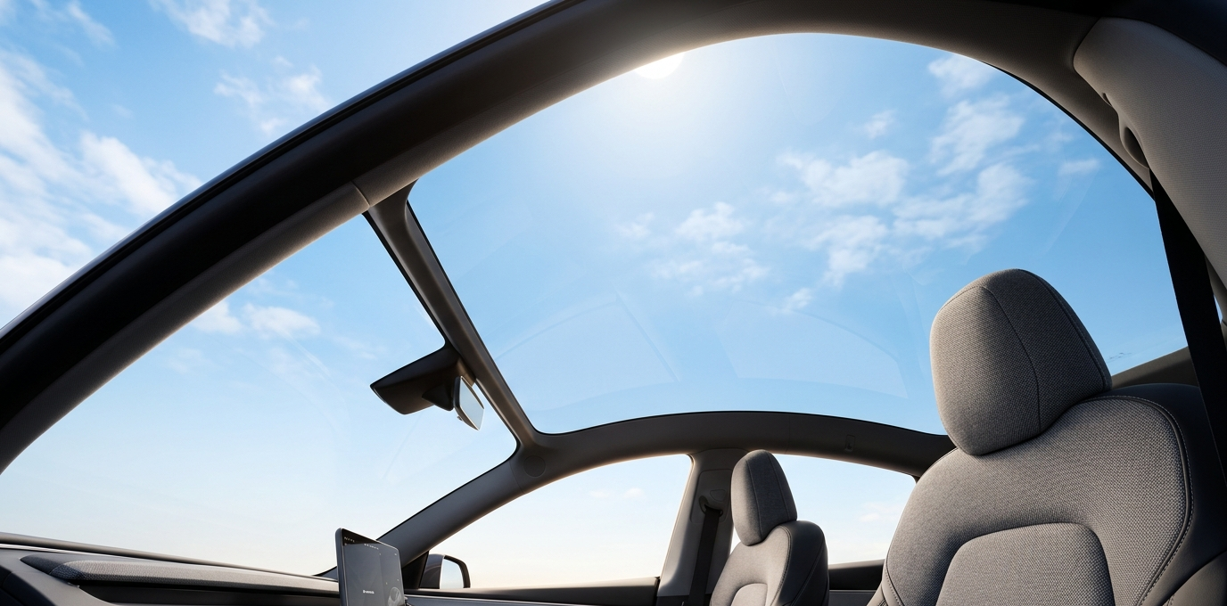 Interior view looking up through the panoramic glass roof of a 2026 Tesla Model 3 Standard.