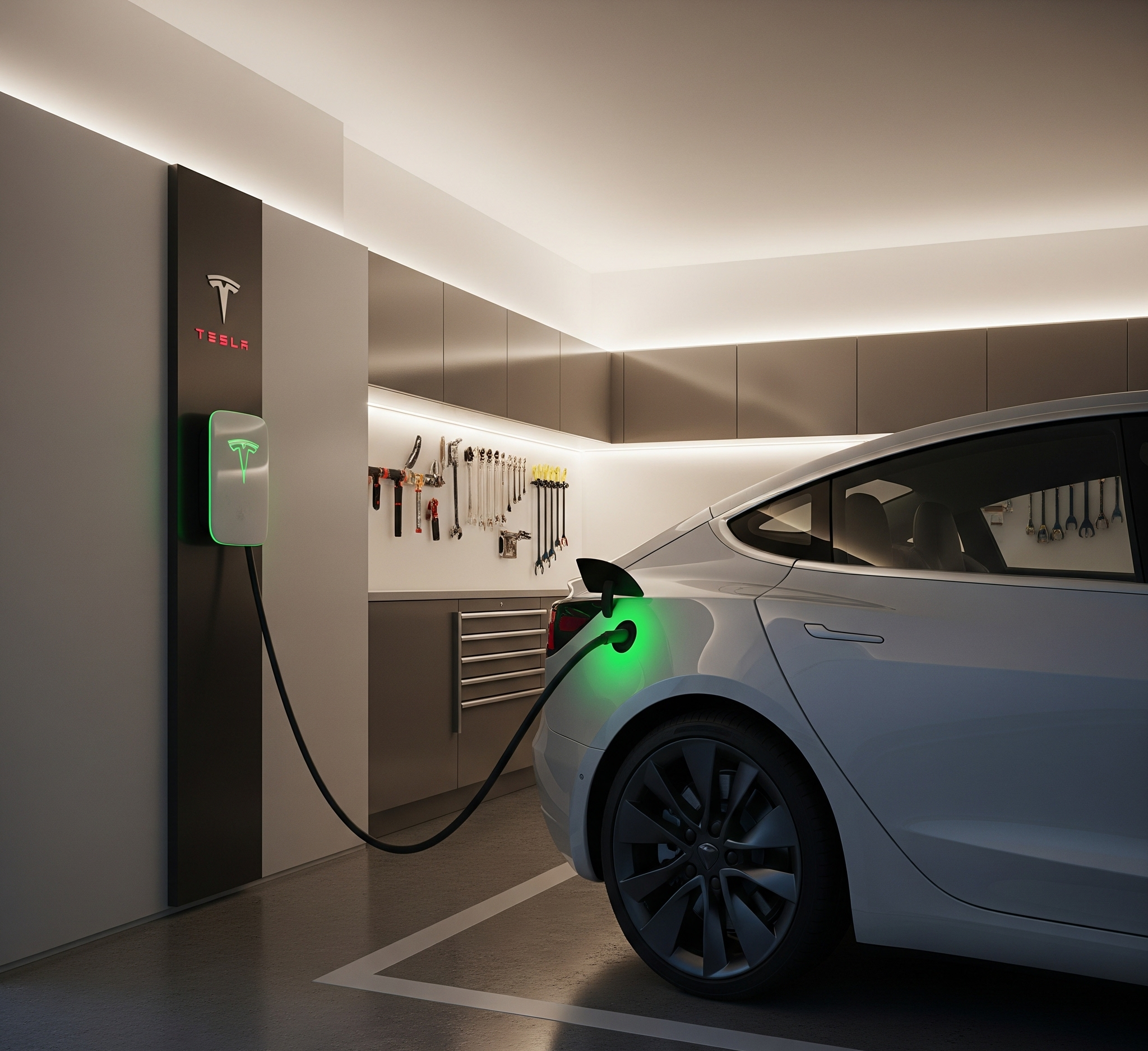 Tesla Model 3 charging at home with a Tesla Wall Connector in a modern garage.