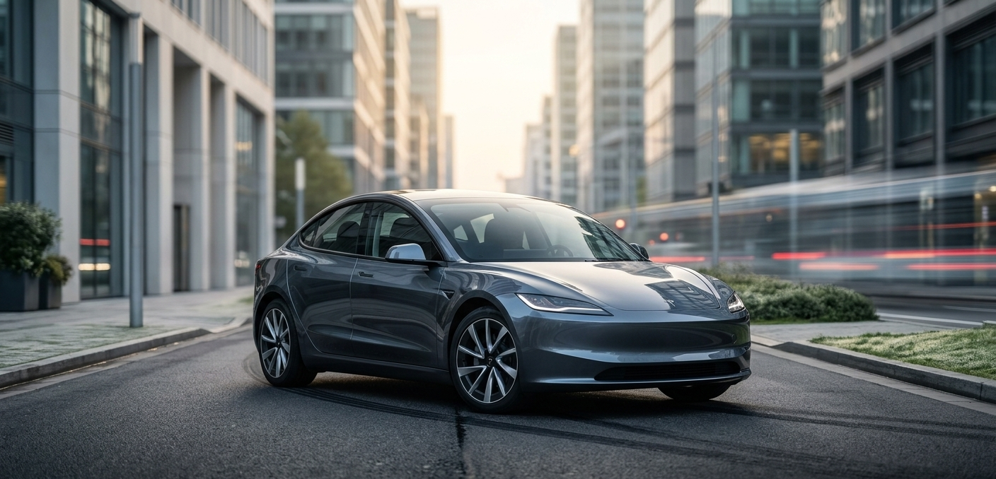 A 2026 Tesla Model 3 Highland accelerating rapidly with a 0-60 mph 2.9s digital overlay.