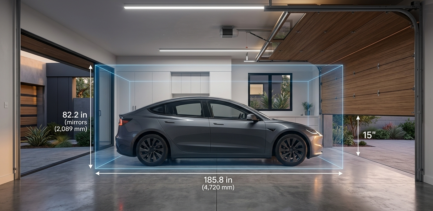2026 Tesla Model 3 Highland parked in a garage with 185.8-inch length dimension overlay.