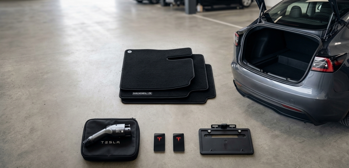 Included accessories for a 2026 Tesla Model 3, including key cards, charging adapter, and floor mats.