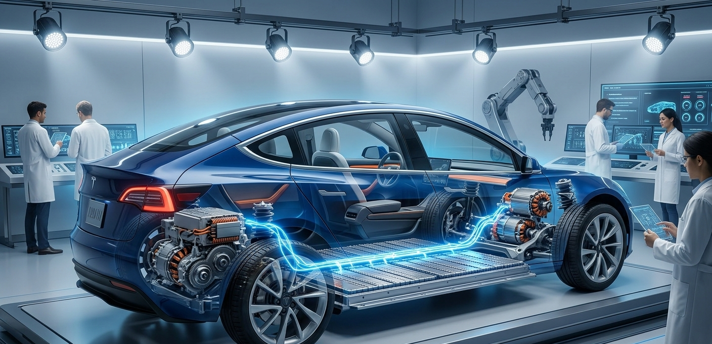 Technical cutaway of the Tesla Model 3 dual motor drivetrain showing the front and rear electric motors