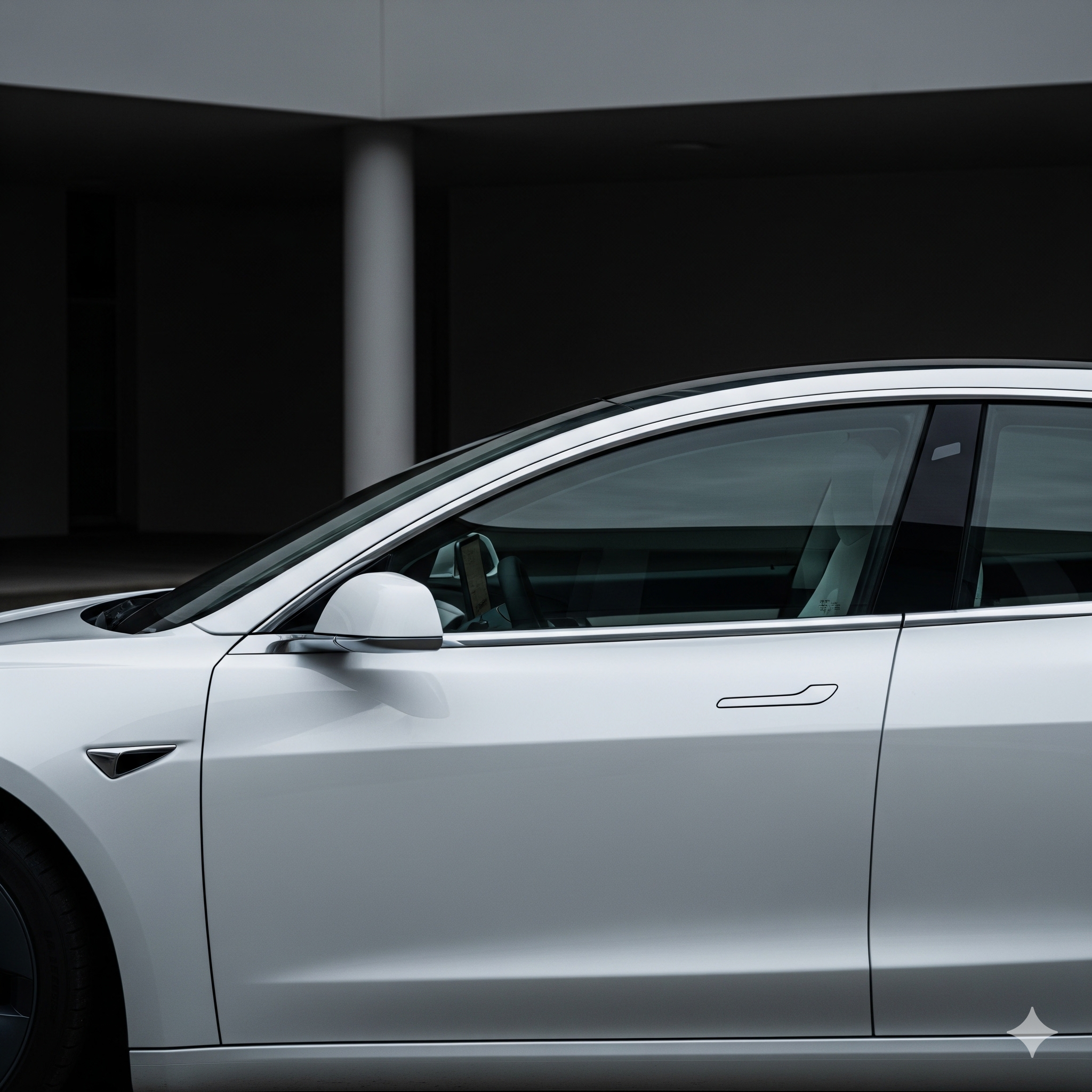 White Tesla Model 3 parked in a modern setting, highlighting the minimalist exterior and interior dashboard screen.