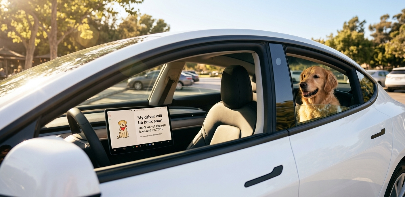 A Tesla Model 3 in Dog Mode showing the 70°F temperature alert on the screen with a dog visible in the background.