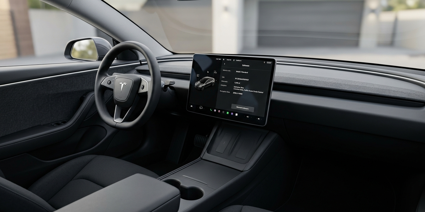 The standard interior of a 2026 Tesla Model 3 featuring the 15.4-inch touchscreen and minimalist dashboard.