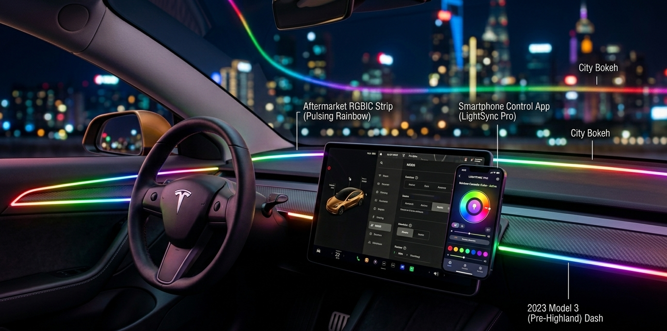 Close-up of a customizable aftermarket RGBIC LED light strip installed in a deep blue 2023 Tesla Model 3 interior at night.