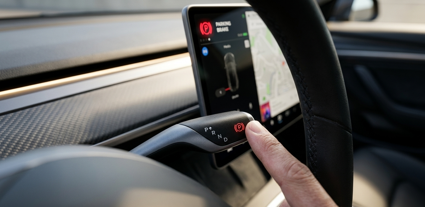 How to manually engage the emergency parking brake on a Tesla Model 3 using the gear stalk.