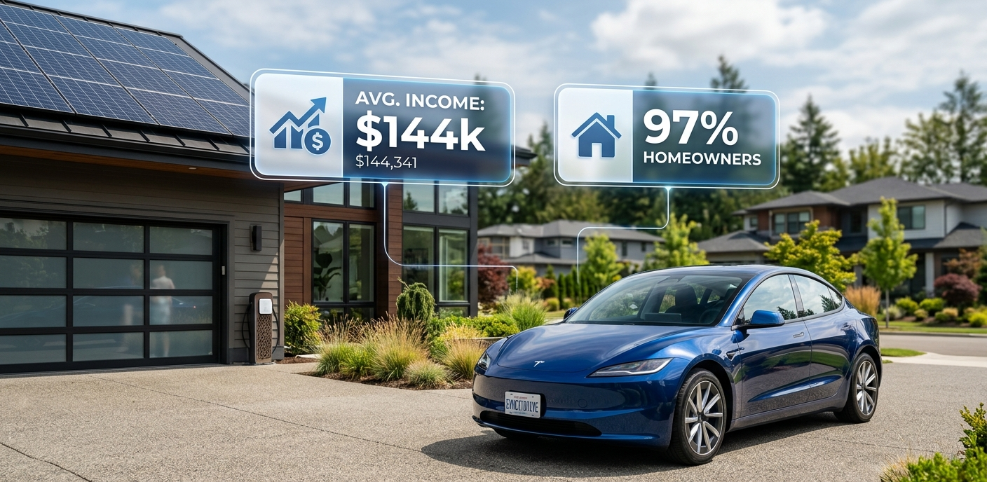 A 2026 Tesla Model 3 parked in front of a modern home, representing the high average income and homeownership status of typical Tesla owners.