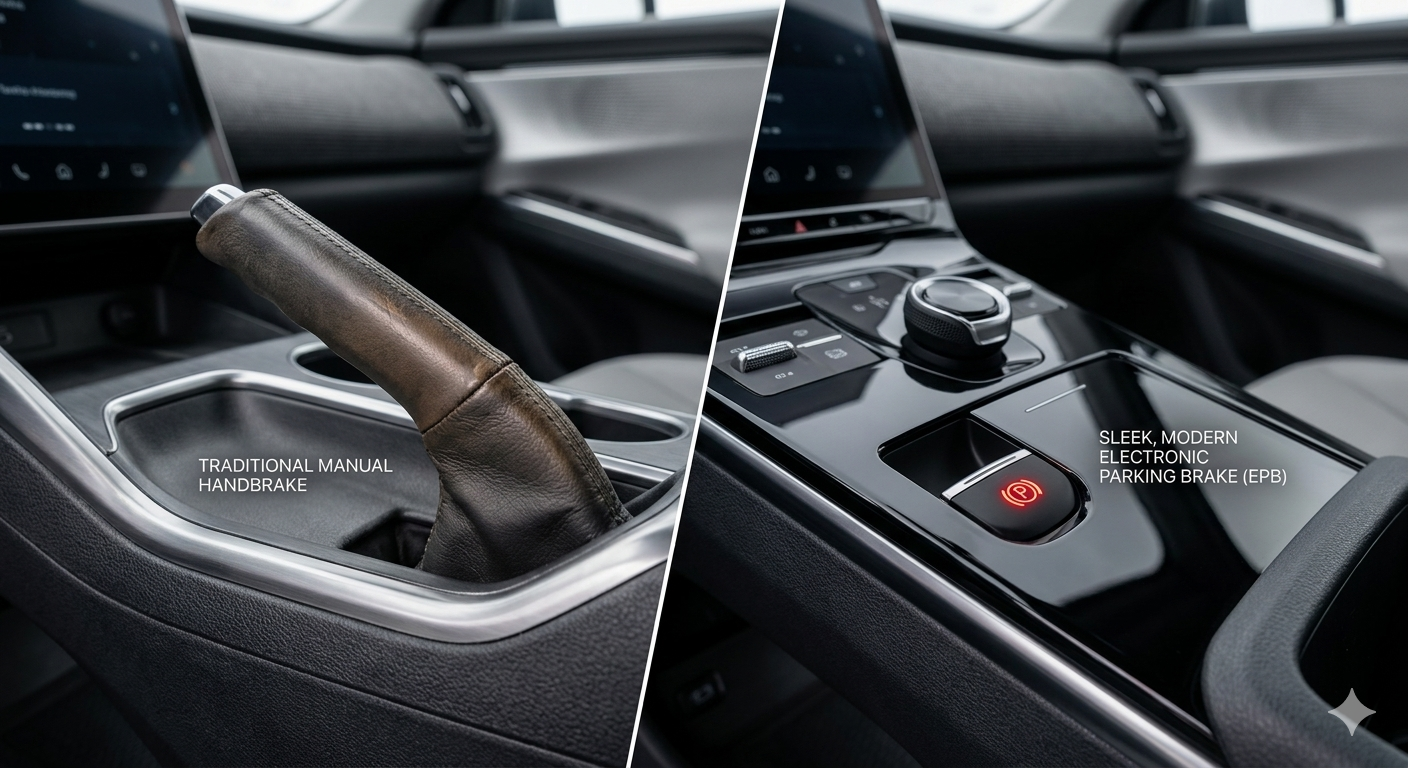 A close-up comparison of a traditional mechanical handbrake lever (left) and a modern electronic parking brake switch (right), illustrating that both systems serve the duplicate function of emergency brake and parking brake.