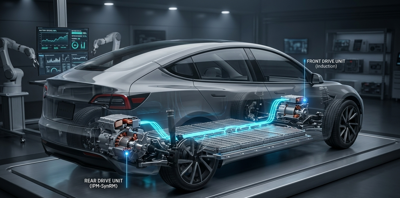 Engineering cutaway of a Tesla Model 3 showing the dual electric motor powertrain and battery layout.