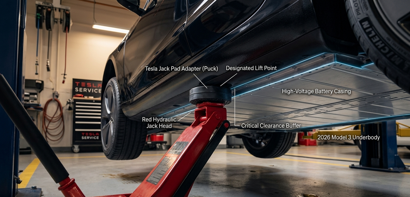 Close-up technical view of a red floor jack using a rubber Tesla Jack Pad adapter (puck) to safely lift a Model 3, protecting the high-voltage battery.