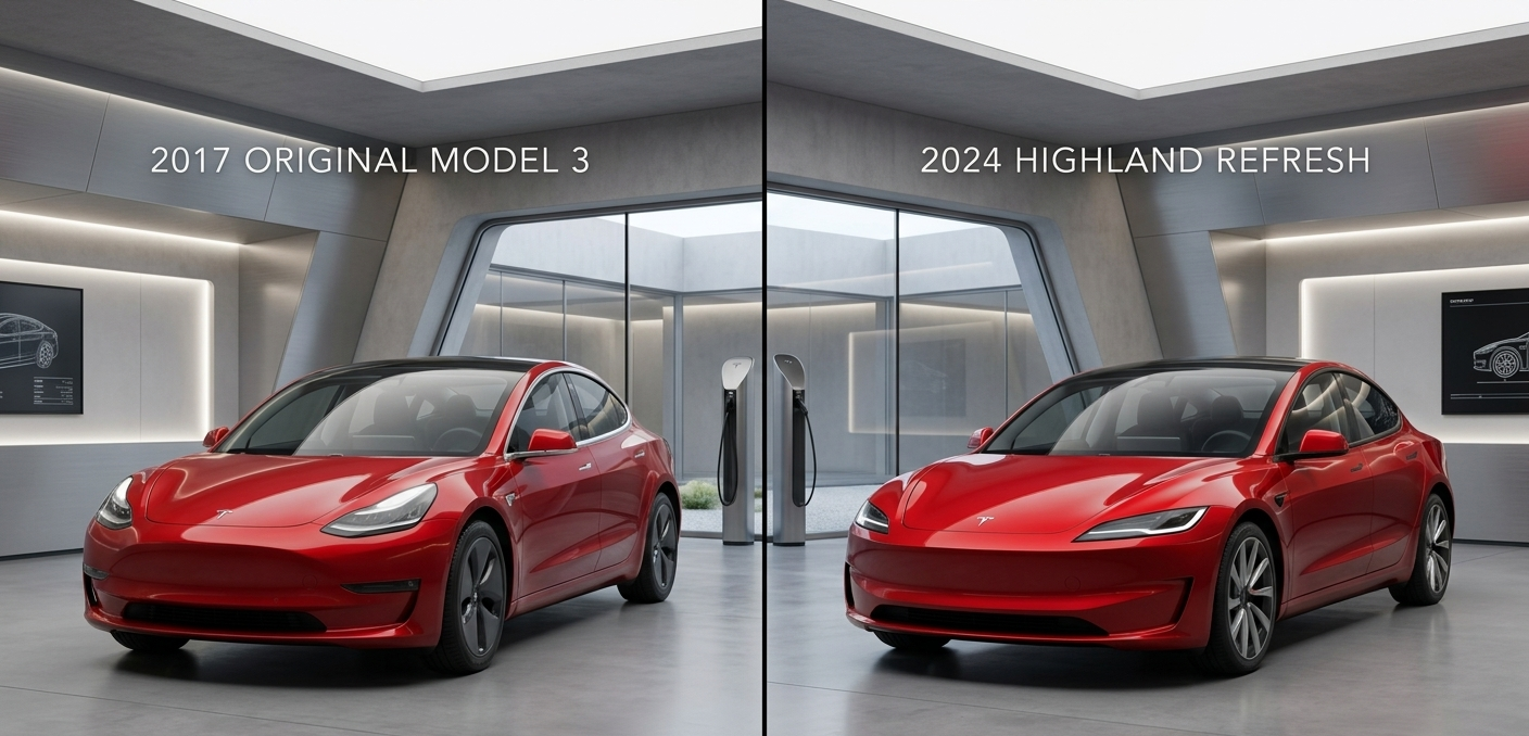 Comparison of the original 2017 Tesla Model 3 and the 2024 Highland refresh, showing the evolution of the front fascia and headlights.