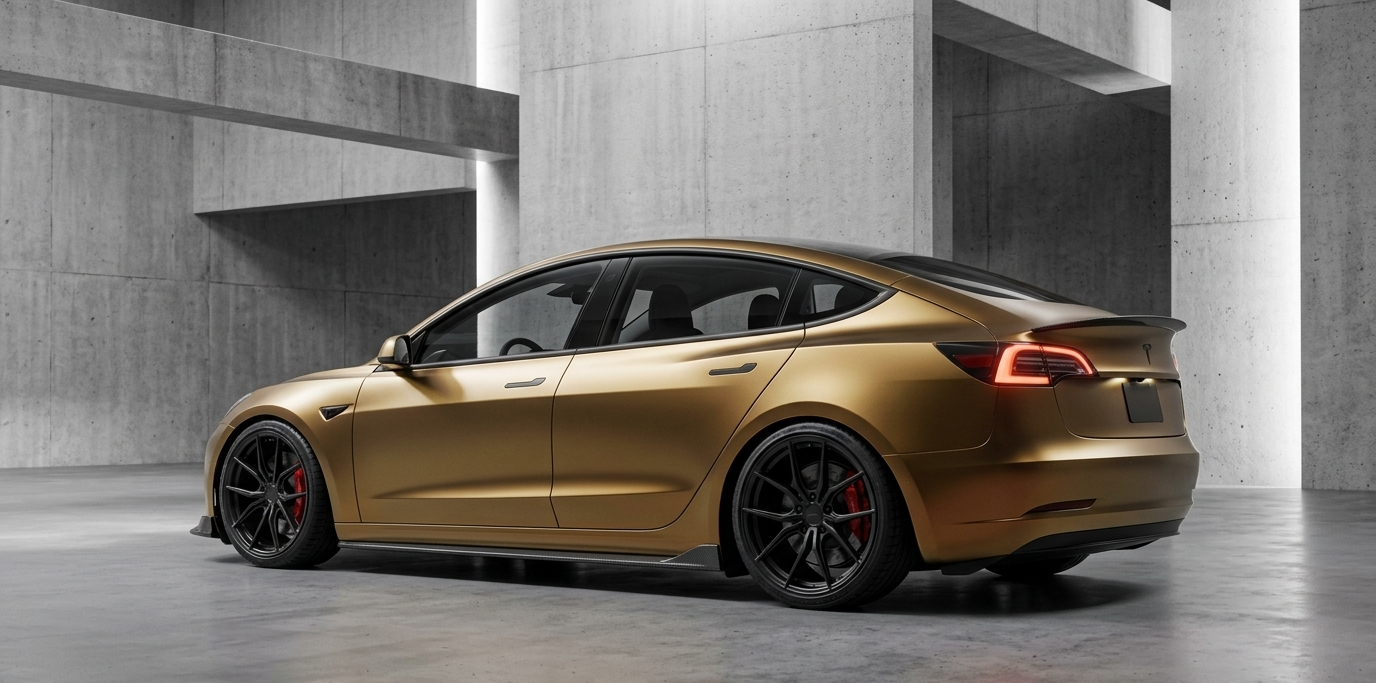 A modified 2026 Tesla Model 3 featuring a custom wrap, lowered suspension, and aftermarket forged wheels.