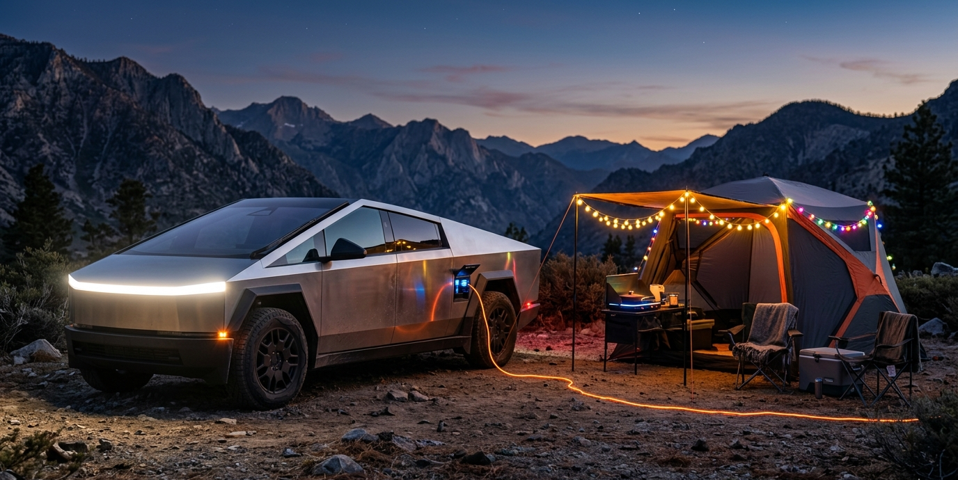 2026 Tesla Cybertruck using Powershare technology to provide electricity to a campsite at night.