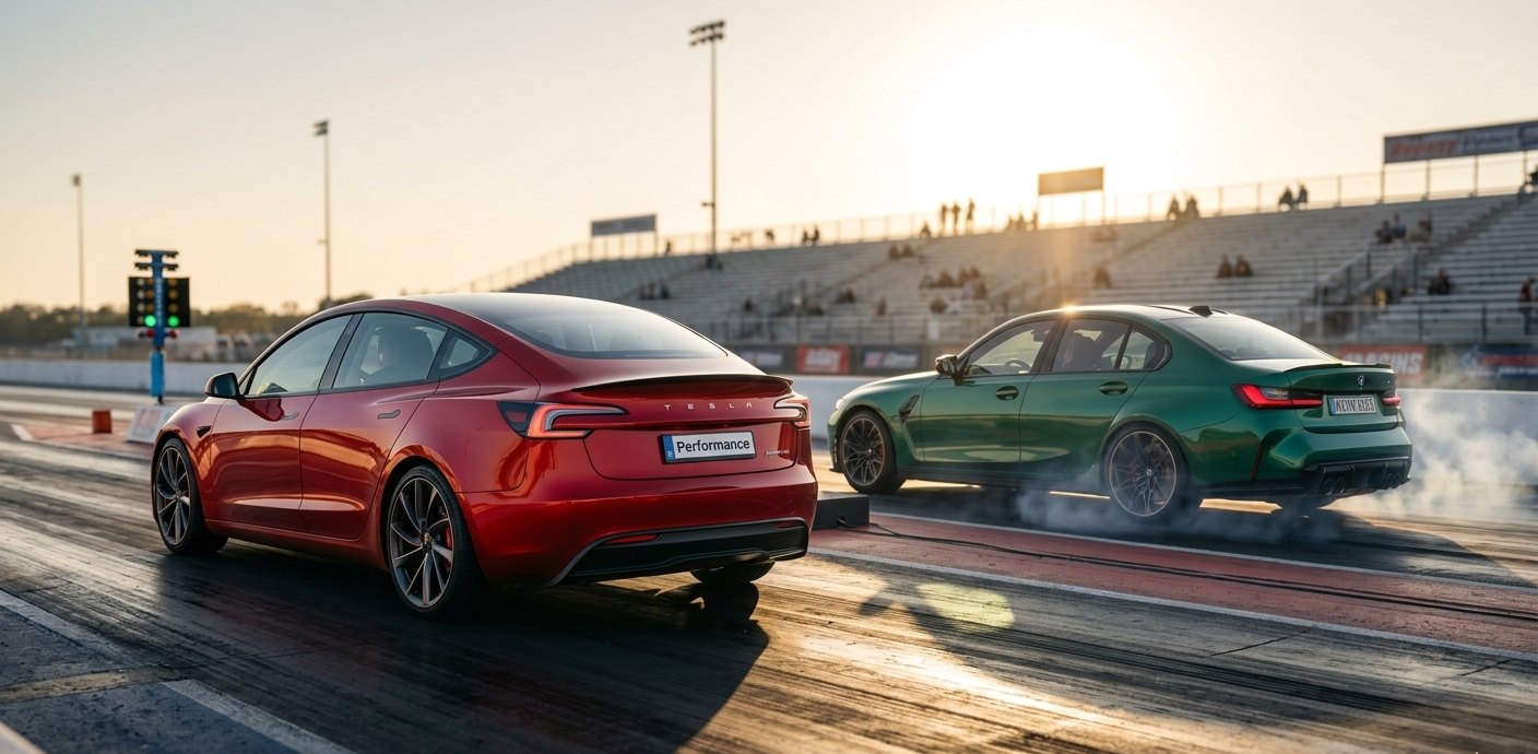 Comparison shot of a Red Tesla Model 3 Performance and a Green BMW M3 at a drag strip.