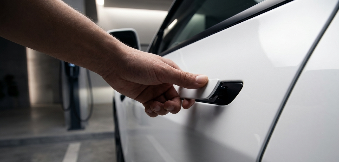 How to open a Tesla Model 3 door handle using the thumb-press pivot method.