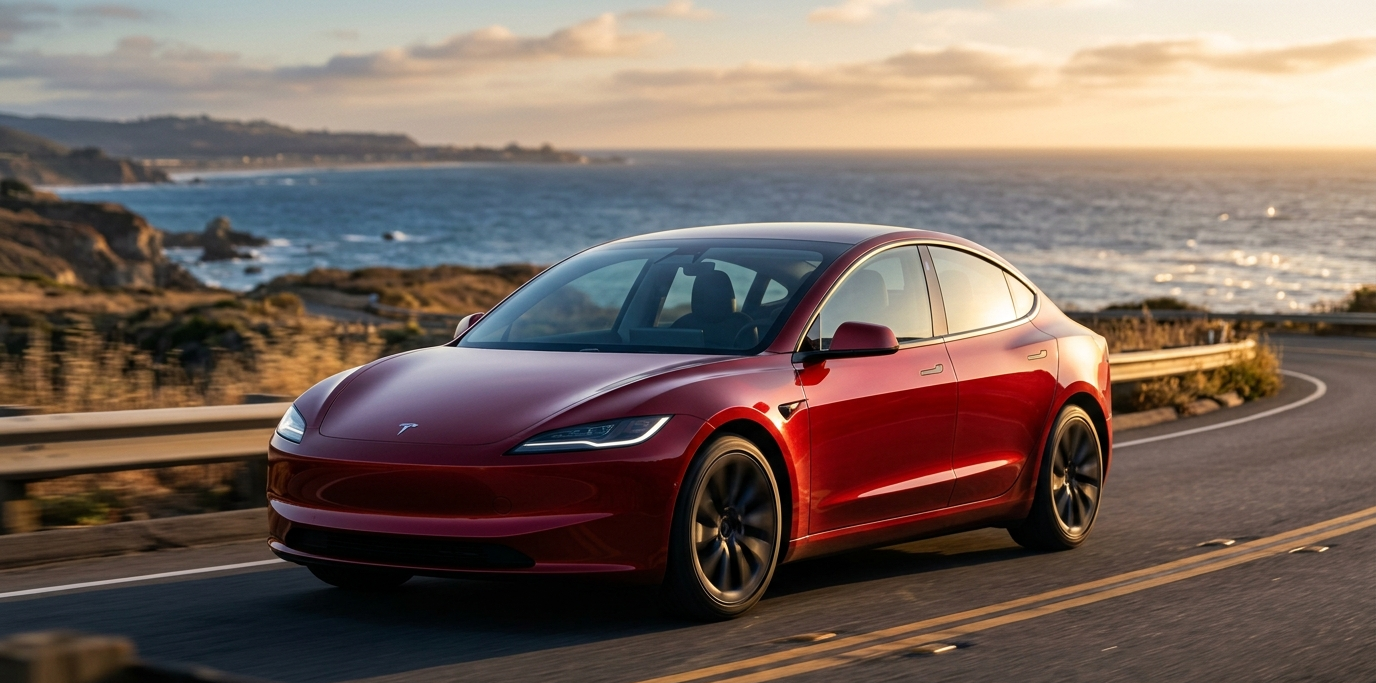 A 2026 Tesla Model 3 in Ultra Red showcasing the sleek, aerodynamic "Highland" exterior design.