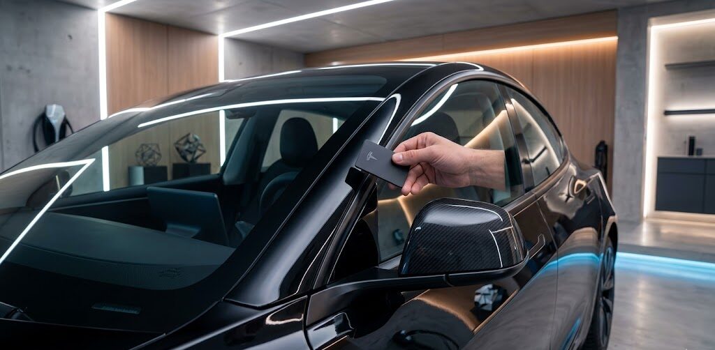 A person tapping a black Tesla Key Card on the B-pillar of a 2026 Tesla Model 3 to lock the vehicle in a modern garage.