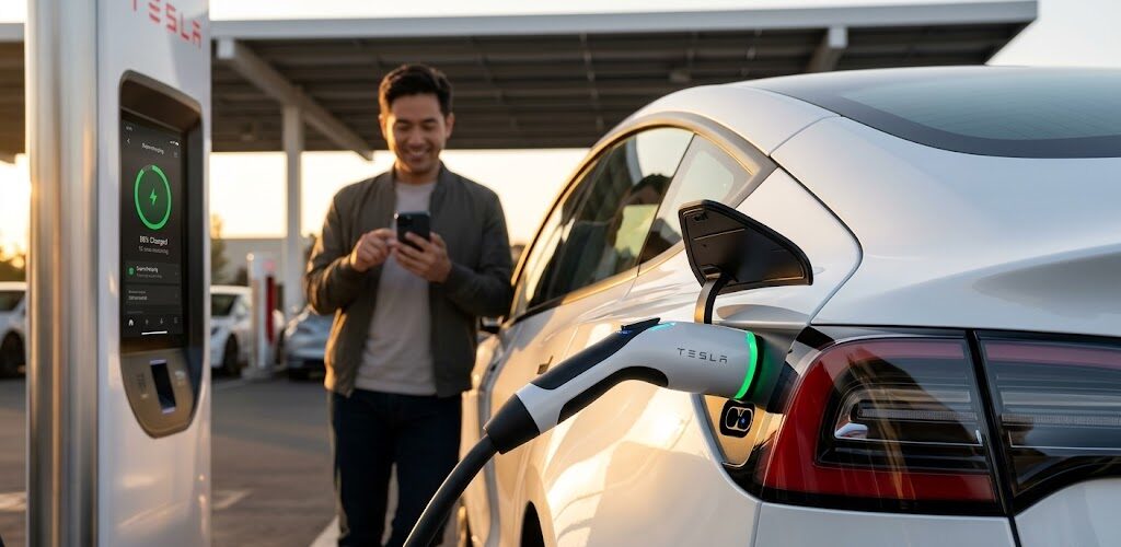 A white 2026 Tesla Model 3 charging at a Tesla V4 Supercharger station with the NACS connector plugged into the rear tail light port.