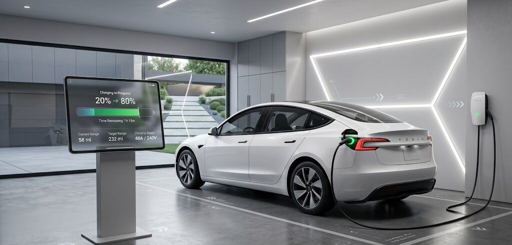 Infographic showing a 2026 Tesla Model 3 Highland charging in a garage with a Wall Connector, displaying a digital 20% to 80% progress bar.