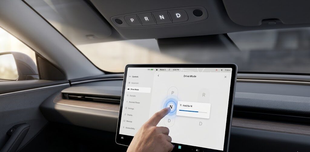 A 2026 Tesla Model 3 Highland touchscreen showing the Neutral gear selection in the Controls menu.